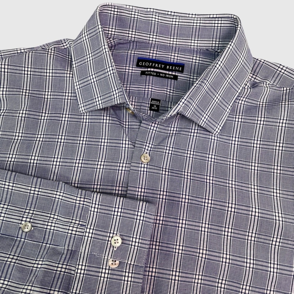 Geoffrey Beene Fitted No Iron Mens Dress Shirt 18 34/35 Blue Plaid Long Sleeve